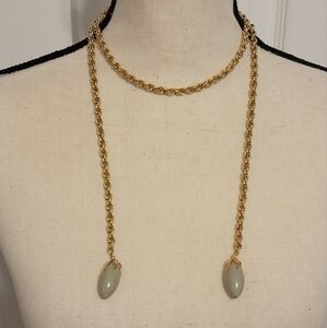 Gold Tone Wrap Chain Necklace Gray Bead Dangles Long 41” Layering Statement
